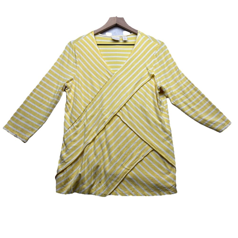Chico's Blouse Top Women Size 1 US Medium Yellow Striped Crisscross Front V-Neck